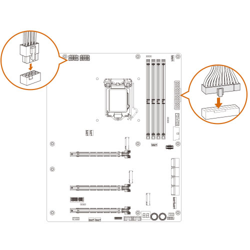 Plug in 24-Pin ATX power cable and 8-Pin/4-Pin CPU power cable